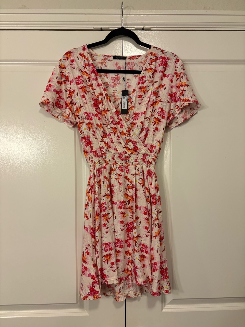 Pink Floral Wrap-Style Mini Dress with Elastic Waist